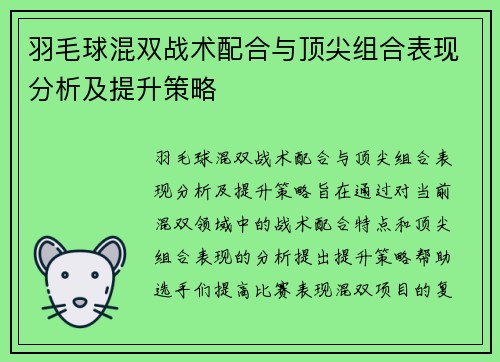 羽毛球混双战术配合与顶尖组合表现分析及提升策略
